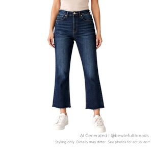 ZARA Dreed Flare Cropped Jeans US 12 Raw Hem Button Fly Dark Wash
